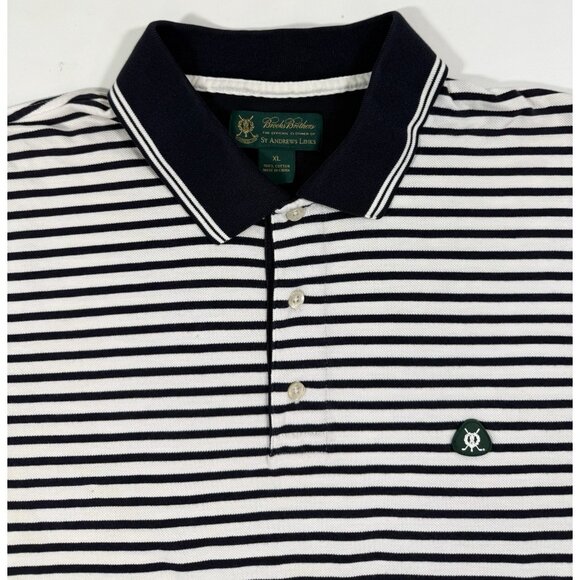 Brooks Brothers Mens St Andrews Golf Links Polo Shirt Size XL Navy White Striped - Picture 3 of 15